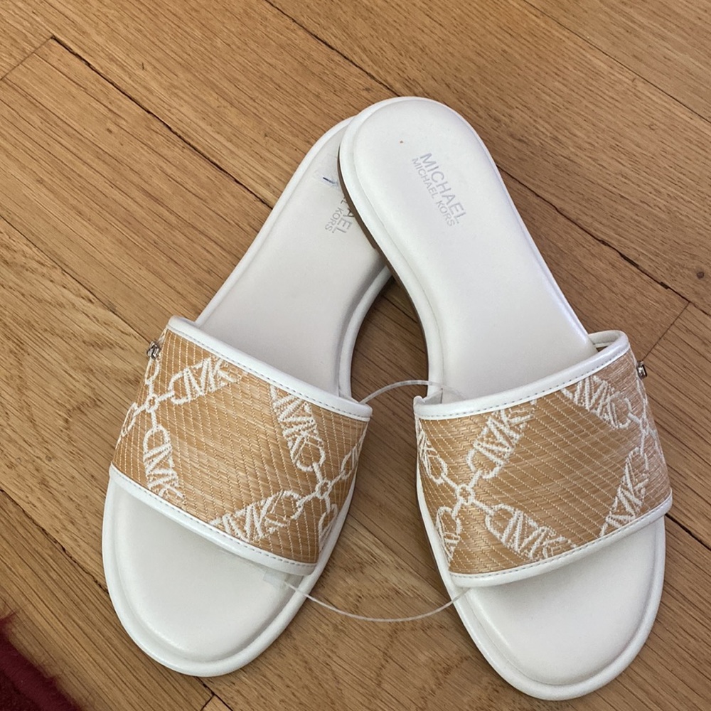 NWT Michael Michael Kors  Sailor Empire Logo Jacquard Straw Slide Sandals $115